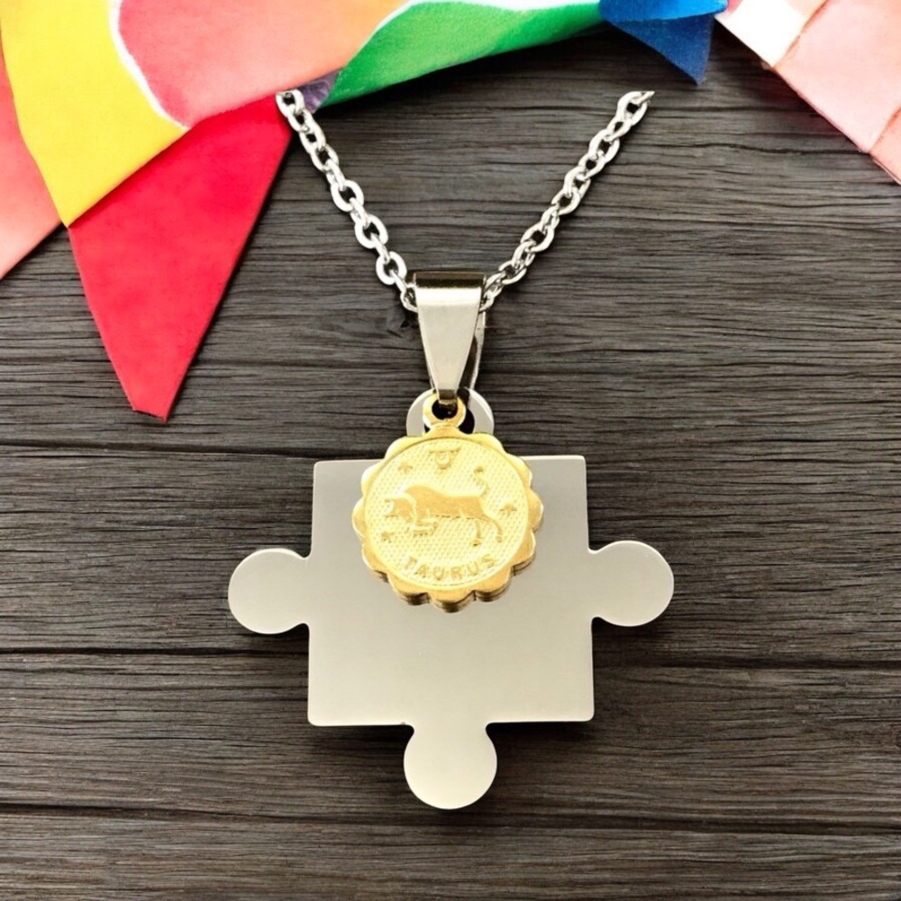 🆕 Taurus Puzzle Piece Pendant Necklace Stainless Steel